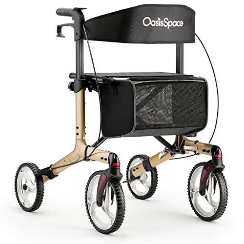 OasisSpace Aluminum Rollator Walker, with 10'' Wheels and Seat Compact Folding Design Lightweight Baking Complimentary Carry Bag (Champagne)