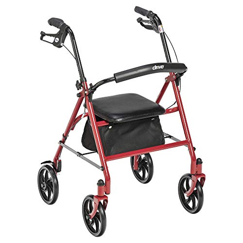 Drive Medical 10257RD-1 4 Wheel Rollator Walker With Seat, Steel Rolling Walker, Height Adjustable, 7.5" Wheels, Removable Back Support, 300 Pound Weight Capacity, Red