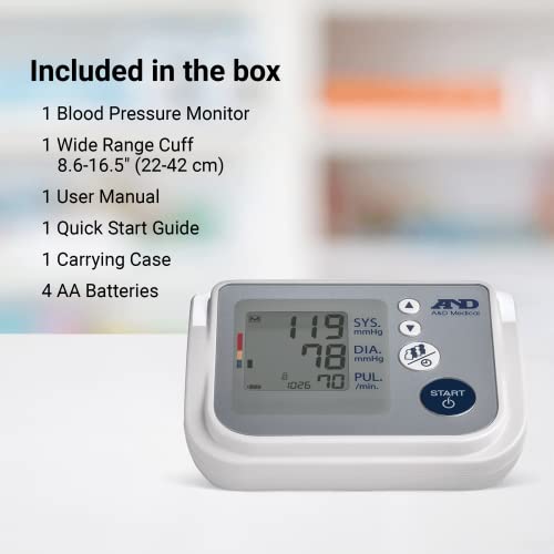 A&D Medical Premium Multi-User Wide Range Upper Arm Cuff (8.6-16.5"/22-42 cm) Blood Pressure Machine, Home BP Monitor, One Click Operation with Easy to Read Digital LCD Screen, for up to 4 Users