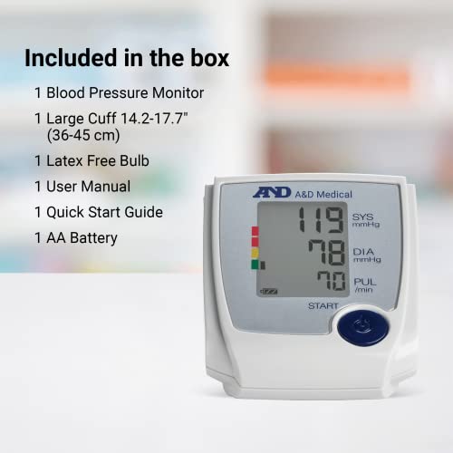 A&D Medical Essential Manual Inflate Blood Pressure Monitor UA-705VL with Large Blood Pressure Cuff (36-45 cm / 14.2-17.7" Range), One-Click Operation, Irregular Heartbeat, LCD BP Machine