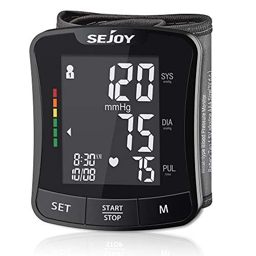 Sejoy Blood Pressure Machine Wrist, Blood Pressure Cuff Monitors, Bp Monitor Bp Cuff Automatic Wrist LCD Backlit Display, 120 Memories 5.3"-8.5" Adjustable Cuff, Storage Bag Batteries