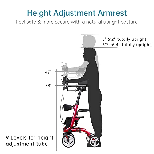 ELENKER Upright Rollator Walker, Stand Up Folding Rollator Walker Back Erect Rolling Mobility Walking Aid with Seat, Padded Armrests for Seniors and Adults, Red