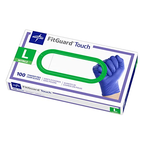 FITGUARD Touch Nitrile Exam Gloves, 100 Count, Large, Powder Free, Disposable, Not Made with Natural Rubber Latex, Excellent Sense of Touch for Medical Tasks, Durable for Household Chores