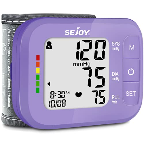 Wrist Blood Pressure Machine Digital Automatic BP Cuff Monitors Purple with Irregular Heartbeat Detection Large Display 120 Memories 5.3"-8.5" Adjustable Cuff for Home Use