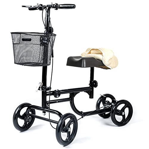 BodyMed Knee Walker for Leg and Foot Injuries with Dual Brakes, Metal Basket & Knee Pad Cover – Collapsible and Adjustable Knee Scooter, Broken Leg Caddy, Better Alternative to Crutches