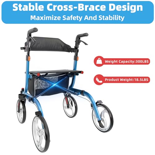 Healconnex Rollator Walkers for Seniors-Folding Rollator Walker with Seat and Four 10inch Wheels-Medical Rollator Walker with Comfort Handles and Thick Backrest-Lightweight Aluminium Frame and Basket