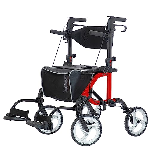 ELENKER 2 in 1 Rollator Walker & Transport Chair, Folding Wheelchair with 10” Non-Slip Wheels for Seniors, Reversible Backrest & Detachable Footrests, red