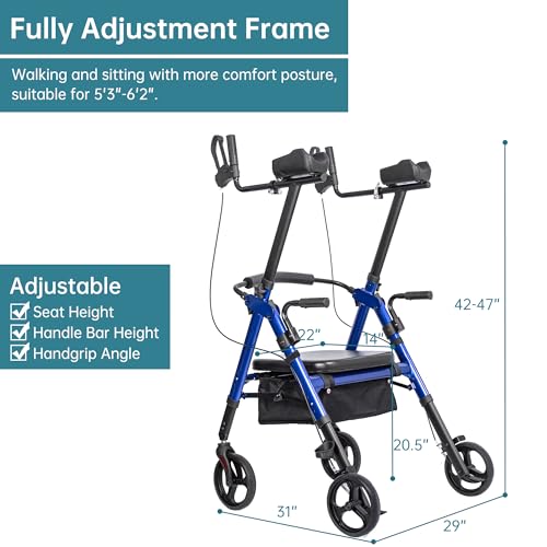 ELENKER Heavy Duty Upright Rollator Walker with Extra Wide Padded Seat and Backrest, Bariatric Stand Up Rolling Walker, Fully Adjustment Frame for Seniors, Blue