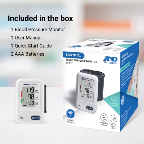 A&D Medical Essential One Button Wrist Blood Pressure Monitor (5.3-8.5"/13.5-21.5 cm Range Cuff) One Click Operation with Easy to Read Digital LCD Screen, Portable Home BP Monitor