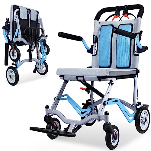 Tripaide Lightweight Transport Travel Wheelchair for Seniors Weight Only 19lbs，Portable Wheelchairs Lightweight Foldable Compact for Adults Support 220lbs Blue