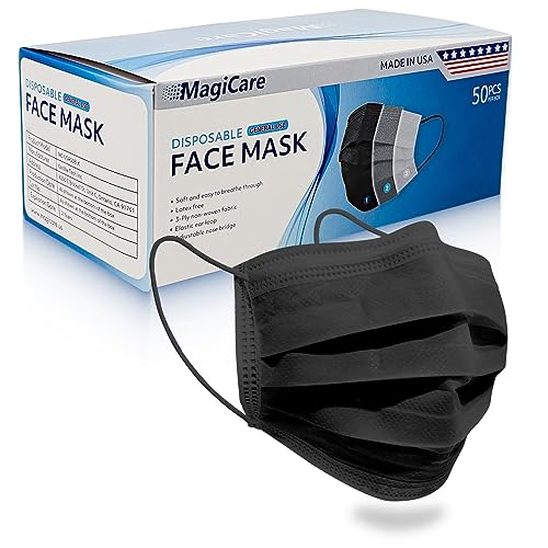 MagiCare Made in USA Masks - Black Face Masks Disposable - Premium 3 Ply Face Mask for Adults - Comfortable, Soft, Breathable - Black, 50ct Box