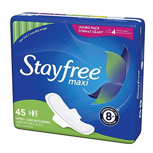 Stayfree Maxi Super Long Pads with Wings For Women, Reliable Protection and Absorbency of Feminine Periods, 45 count