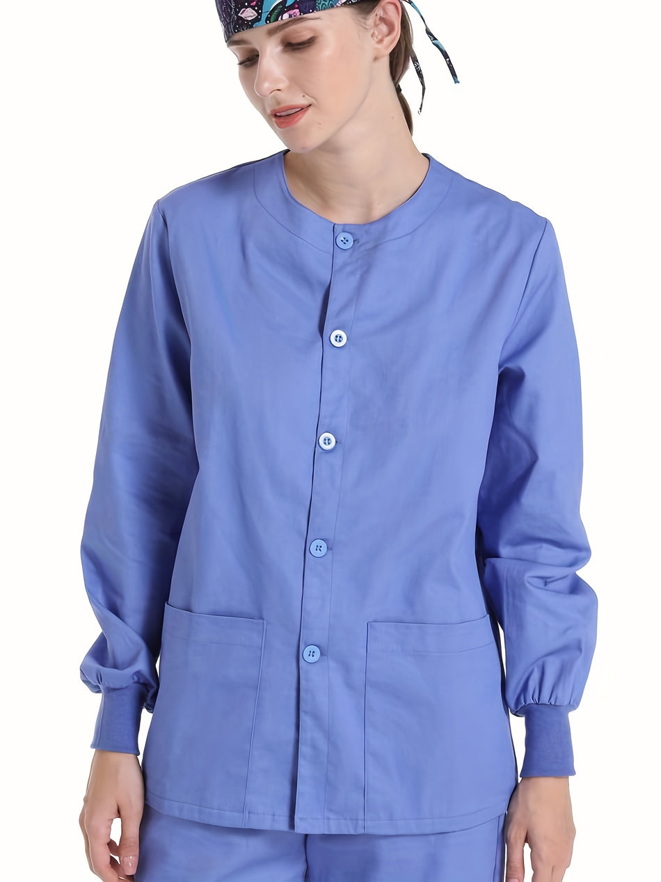 Solid Button Down Scrubs Top, Functional Patched Pockets Long Sleeve Health Care Uniform, Women's Clothing