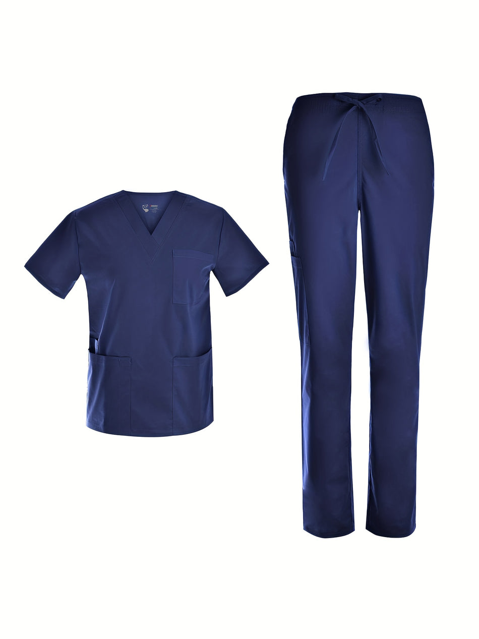 Solid Functional Two-piece Set, Patched Pockets V-neck Top & Drawstring Pants Unisex Outfits
