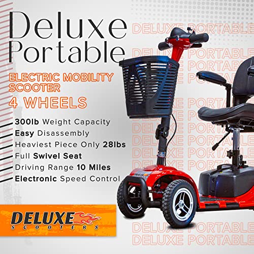 Deluxe Portable Electric Mobility Scooter 4 Wheel – for Seniors and Adults Comes w/Basket Long Range Battery Pack 10 Miles on a Single Charge – Easy Collapsible 300lbs Weight Capacity Travel Scooter