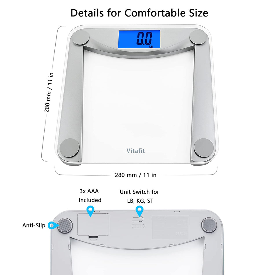 Vitafit Digital Bathroom Scale for Body Weight,Weighing Professional Since 2001,Extra Large Blue Backlit LCD and Step-On, Batteries Included, 400lb/180kg,Clear Glass,Silver