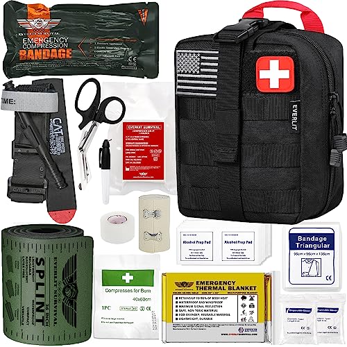 EVERLIT Emergency Trauma Kit, CAT GEN-7 Tourniquet 36" Splint, Military Combat Tactical IFAK for First Aid Response, Critical Wounds, Severe Bleeding Control (Black)