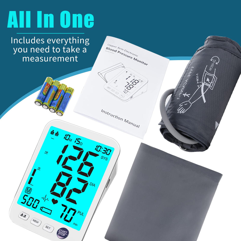 Blood Pressure Monitor Upper Arm Large LED Backlit Screen 1000 Sets Memory Automatic Digital BP Machine Adjustable BP Cuff