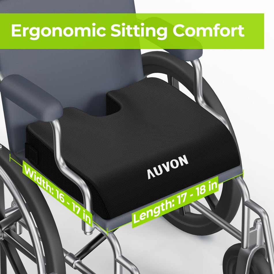 AUVON Gel Wheelchair Seat Cushion, Relieve Sciatica, Back, Coccyx, Pressure Sore and Ulcer Pain, Refreshing & Ergonomic Chair Cushion with Waterproof Silk Fabric, Anti-Slip Cover, Removable Strap