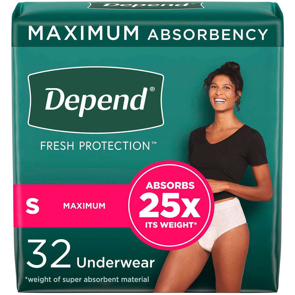 Depend Fresh Protection Adult Incontinence Underwear for Women (Formerly Depend Fit-Flex), Disposable, Maximum, Small, Blush, 32 Count, Packaging May Vary
