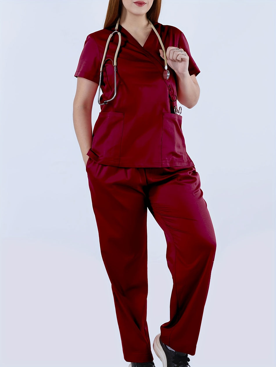 Solid Work Two-piece Set, V Neck Short Sleeve Pocket Front Tops & Long Length Pants Outfits For Nurse,