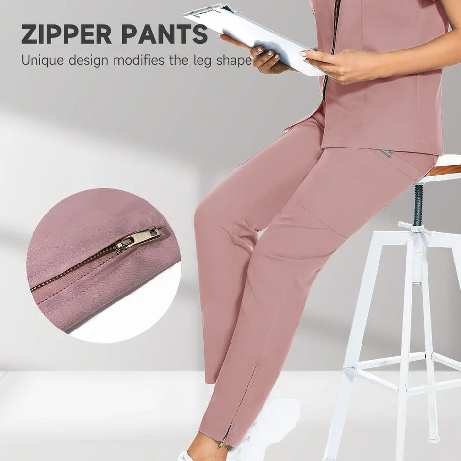 High Quality Elastic Waist Zipper Scrubs Pants with Multiple Pockets