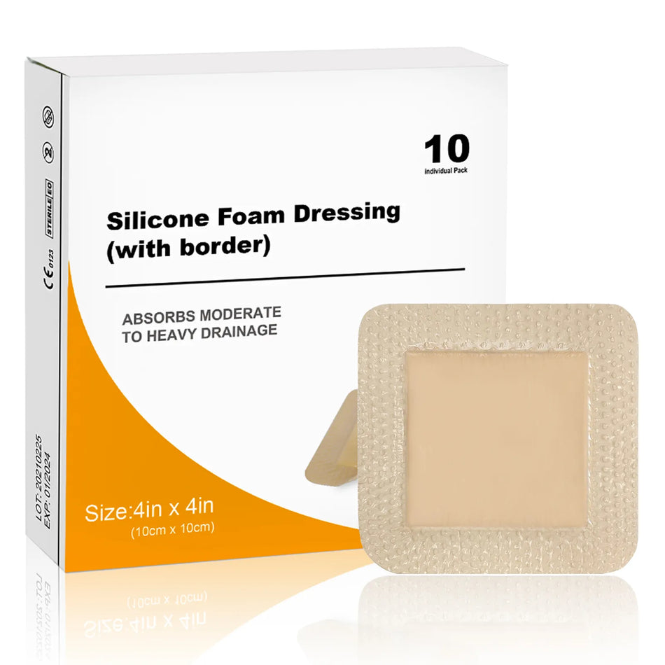 Pack of 10 Silicone Foam Dressings, 4"x4", Waterproof & Highly Absorbent Wound Bandages with Silicone Foam Border for Effective Wound Care
